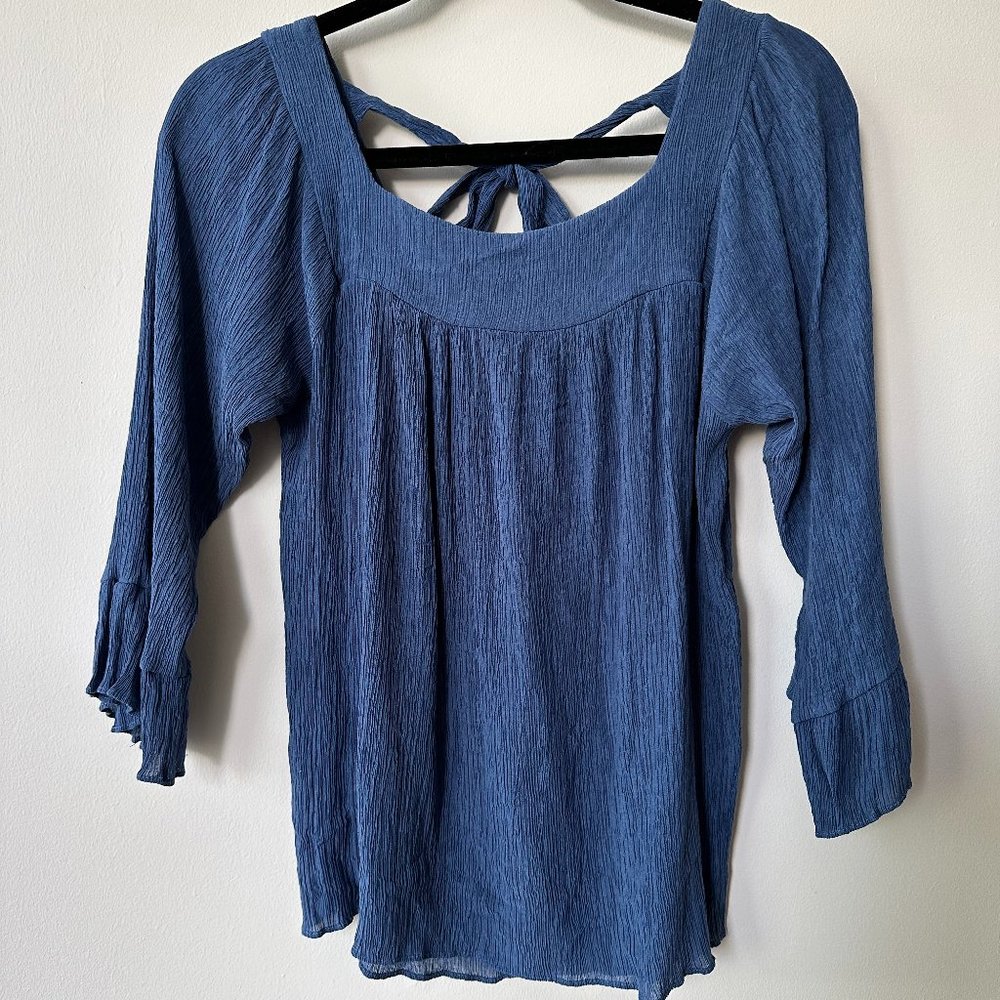 Vintage Quarter Sleeve Flowy Plisse Square Neck Top Blue 3/4 sleeve
